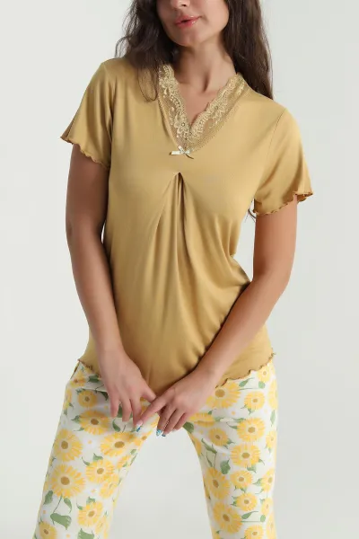 Hardal Yakası Dantelli Ring Viskon Kadın Pijama Takımı 479549
