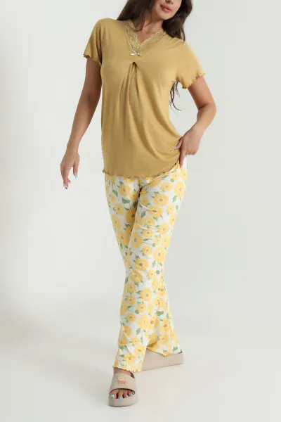 Hardal Yakası Dantelli Ring Viskon Kadın Pijama Takımı 479549