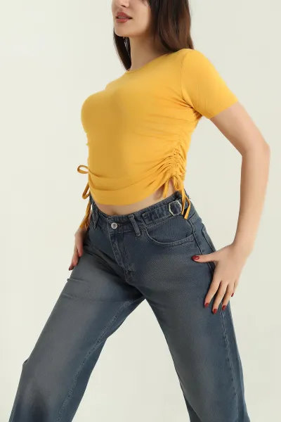Hardal Yan Büzgülü Bluz 335238