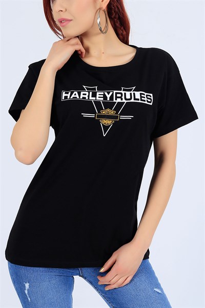 Harley Baskılı Siyah Bayan Tişört 26546B