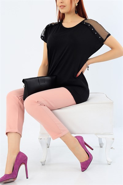 İnce Detay Likralı Siyah Bluz 31134