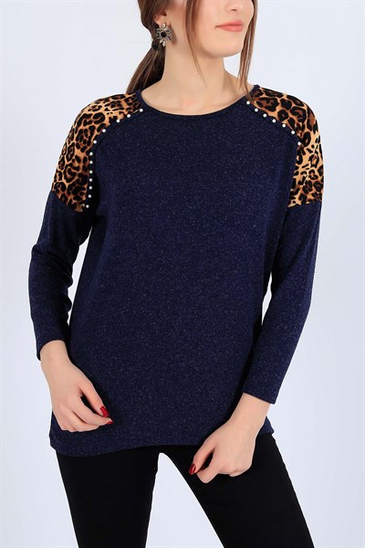 İnci İşlemeli Lacivert Bluz 25873B