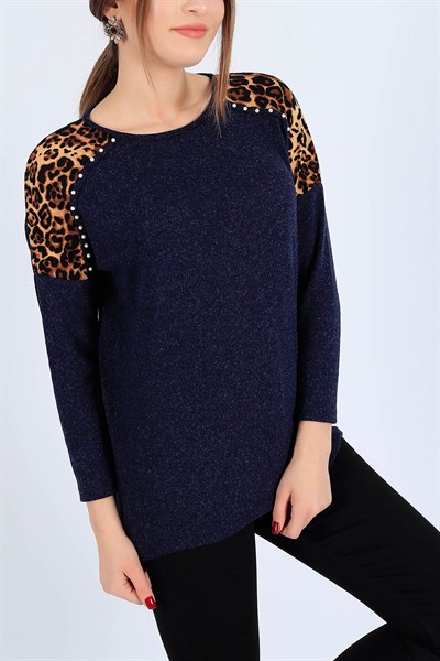İnci İşlemeli Lacivert Bluz 25873B