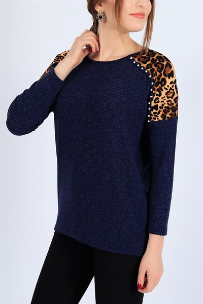 İnci İşlemeli Lacivert Bluz 25873B