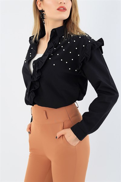 İnci İşlemeli Siyah Bayan Gömlek 34176