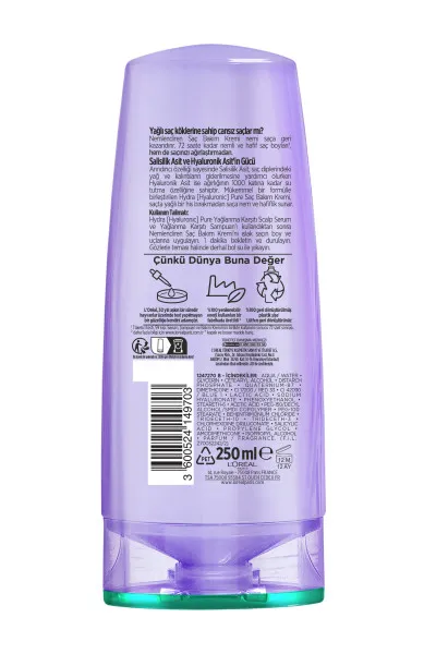 Loreal Paris Elseve Hydra Hyaluronic Pure Salisilik Asit İçeren Yağlanma Karşıtı Nemlendirici Saç Kremi 250 ml 275591