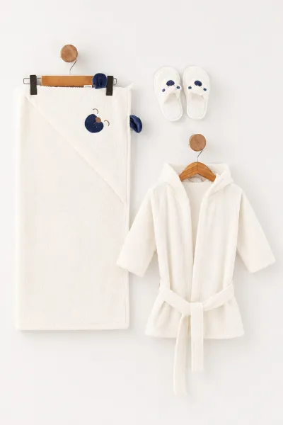 İndigo (0-24 Ay) Sevimli Köpek Nakışlı Unisex Bebek Bornoz Seti 475597