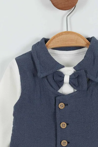 İndigo (0-3 Ay) Papyonlu Yelek Detaylı Müslin Erkek Bebe Takım 289076