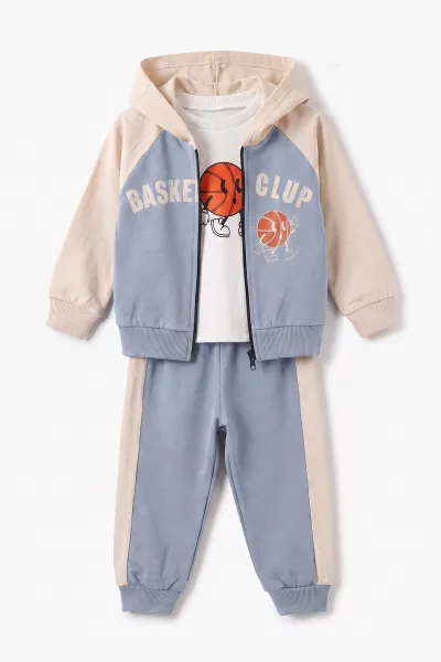İndigo (0-4 Yaş) Basketball Baskılı Kapüşonlu Fermuarlı Hırkalı Erkek Çocuk 2 İp 3'lü Takım 471511