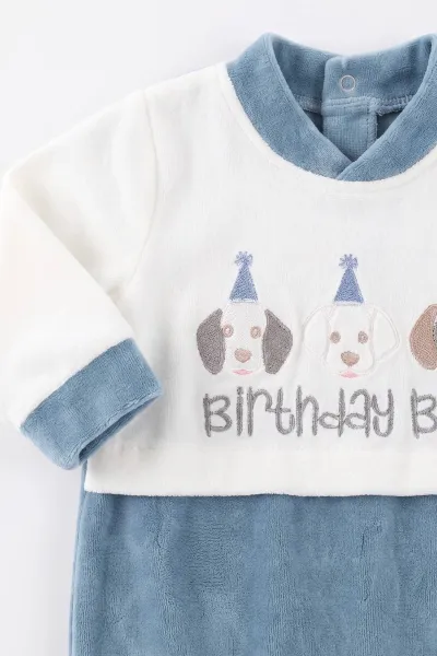 İndigo (0-9 Ay) Köpek Nakışlı Patikli Şapkalı Kadife Erkek Bebek Tulum 497889