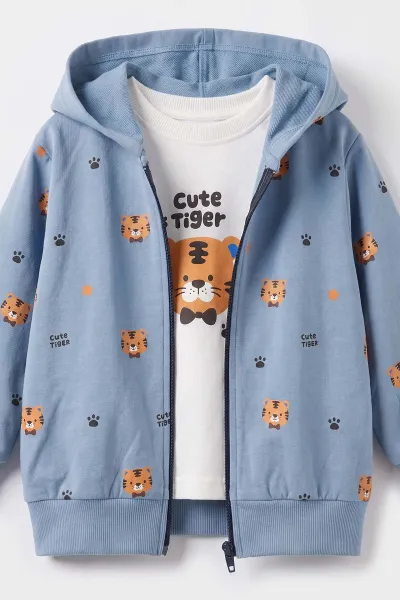 İndigo (1-4 Yaş) Tiger Baskılı Kapüşonlu Hırkalı 2 İp Erkek Bebek&Çocuk 3'lü Takım 496240