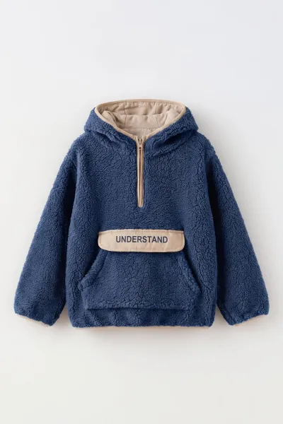 İndigo (1-4 Yaş) Understand Nakışlı Kapüşonlu Kanguru Cepli Yardım Fermuarlı Kuzu Erkek Bebek&Çocuk Sweatshirt 496316