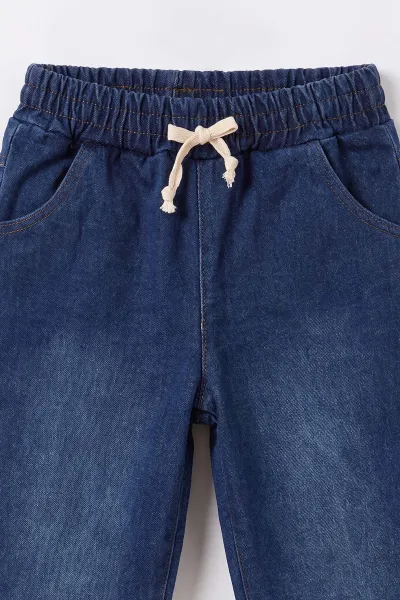 İndigo (1-5 Yaş) Ayı Nakışlı Yakası Patlı 3 İp Şaedonlu Sweatli Kot Pantolonlu Erkek Çocuk Takım 496554