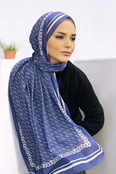 İndigo 180X70 cm Dijital Baskı Zincir Desenli Pamuk Şal 332916
