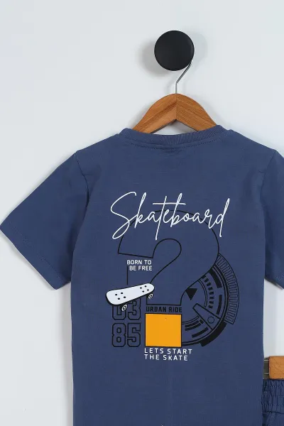 İndigo (2-5 Yaş) Ön Arka Skateboard Baskılı Cep Detaylı Penye Erkek Çocuk Yazlık Takım 347254