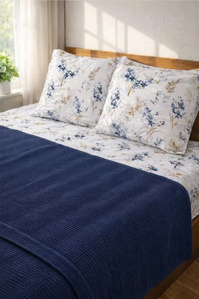 İndigo 200x230 Cm Bella Home Çift Kişilik Pamuklu Petek Pike Takımı 474615