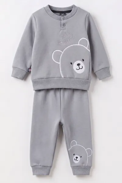 İndigo (3-24 Ay) Teddy Bear  Nakışlı  3 İp Şardonlu Erkek Bebek Kışlık Takım 495597