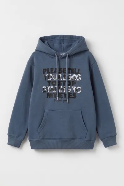 İndigo (4-12 Yaş) Baskılı Kapüşonlu ve Kanguru Cepli  3 İp Şardonlu Erkek Çocuk Sweatshirt 496863