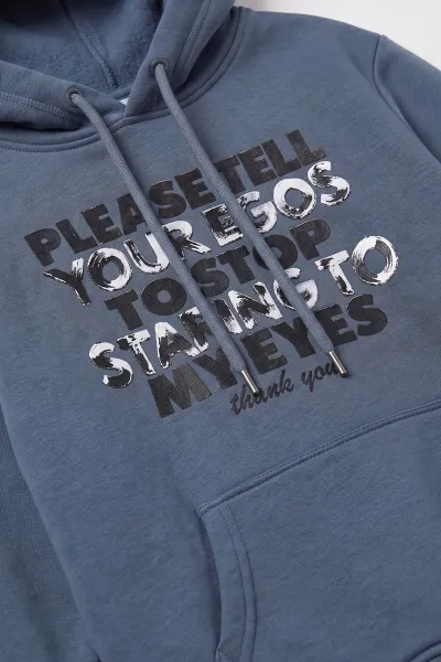 İndigo (4-12 Yaş) Baskılı Kapüşonlu ve Kanguru Cepli  3 İp Şardonlu Erkek Çocuk Sweatshirt 496863
