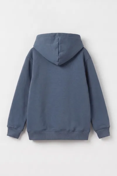 İndigo (4-12 Yaş) Baskılı Kapüşonlu ve Kanguru Cepli  3 İp Şardonlu Erkek Çocuk Sweatshirt 496863