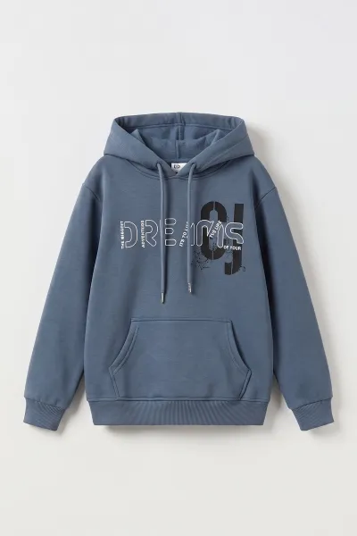İndigo (4-12 Yaş) Dreams Baskılı Kapüşonlu ve Kanguru Cepli  3 İp Şardonlu Erkek Çocuk Sweatshirt 496868