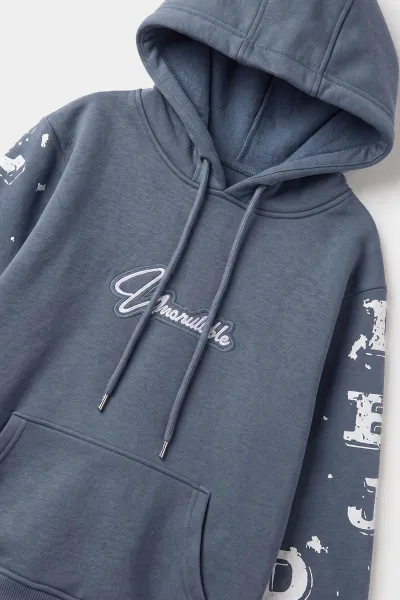 İndigo (4-12 Yaş) Nakışlı Kapüşonlu ve Kanguru Cepli  3 İp Şardonlu Erkek Çocuk Sweatshirt 496874