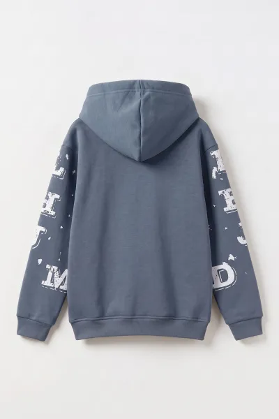 İndigo (4-12 Yaş) Nakışlı Kapüşonlu ve Kanguru Cepli  3 İp Şardonlu Erkek Çocuk Sweatshirt 496874
