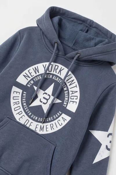 İndigo (4-12 Yaş) Yazı Baskılı Kanguru Cepli ve Kapüşonlu 3 İp Şardonlu Erkek Çocuk Sweatshirt 497560