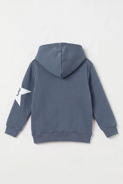 İndigo (4-12 Yaş) Yazı Baskılı Kanguru Cepli ve Kapüşonlu 3 İp Şardonlu Erkek Çocuk Sweatshirt 497560