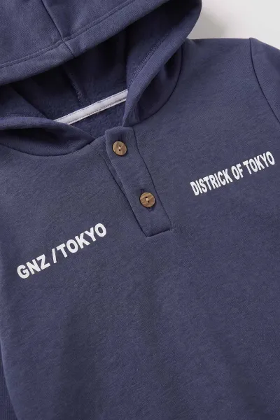 İndigo (6-10 Yaş) Tokyo Baskılı Yakadan Düğmeli Kapüşonlu 3 İp Şardonlu Erkek Çocuk Kışiık Takım 484154