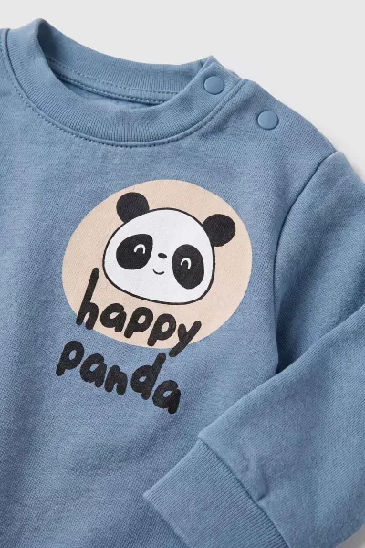 İndigo (6-18 Ay) Happy Panda Baskılı Alt Lastikli Paça Erkek Bebek Takım 479401