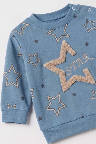 İndigo (6-18 Ay) Star Nakışlı Penye Erkek Bebek Mevsimlik Takım 488221