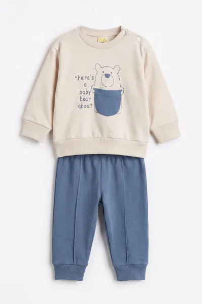 İndigo (6-18 Ay)Bear Baskılı Cep Detaylı Çıtçıtlı Çimalı Erkek Bebek Takım 477822