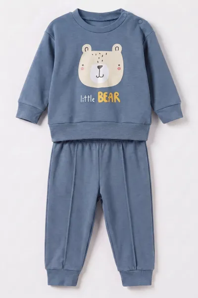 İndigo (6-18 Ay)Little Bear Baskılı Çıtçıtlı Çimalı Erkek Bebek Takım 477952