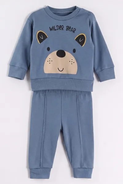 İndigo (6-18 Ay)Wild Bear Baskılı Çıtçıtlı Çimalı Erkek Bebek Takım 477926