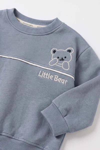 İndigo (6-24 Ay) Little Bear Nakışlı Kıl Biyei İçi Şardonlu Erkek Bebek Kışlık Takım 495707
