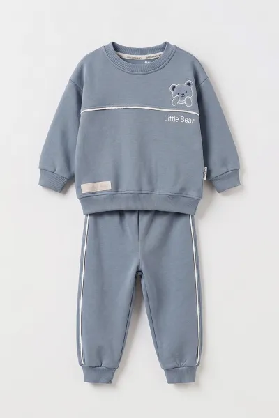 İndigo (6-24 Ay) Little Bear Nakışlı Kıl Biyei İçi Şardonlu Erkek Bebek Kışlık Takım 495707