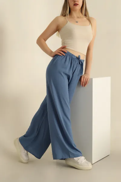 İndigo Bağlamalı Beli Lastikli Dokuma Pantolon 257763