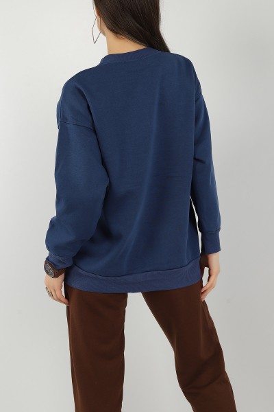 İndigo Baskılı İçi Şardonlu Bayan Sweat 144955