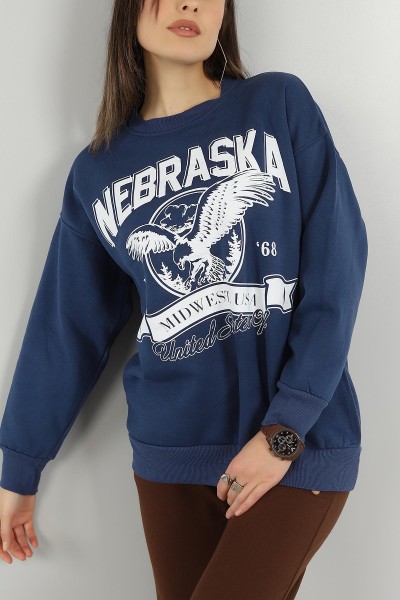 İndigo Baskılı İçi Şardonlu Bayan Sweat 144955