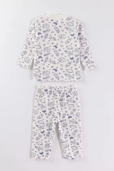 İndigo Beyaz (1-3 Yaş) Uzay Desenli Raporlu Çocuk Pijama Takım 477272