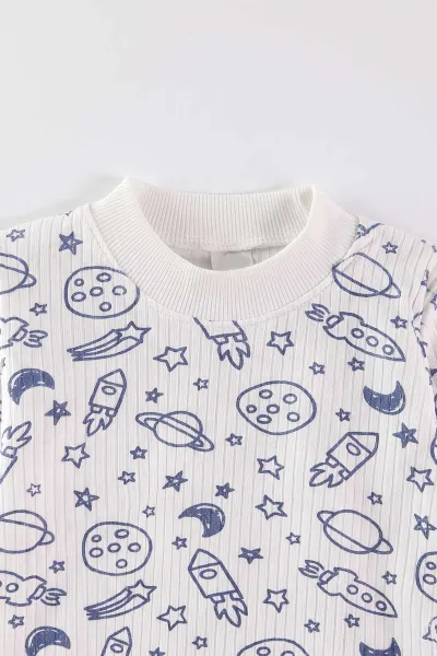 İndigo Beyaz (1-3 Yaş) Uzay Desenli Raporlu Çocuk Pijama Takım 477272