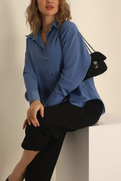 İndigo Charmy Kumaş Oversize Gömlek 231547