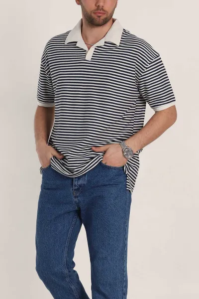 indigo-cizgili-oversize-orme-polo-yaka-erkek-tisort-349893