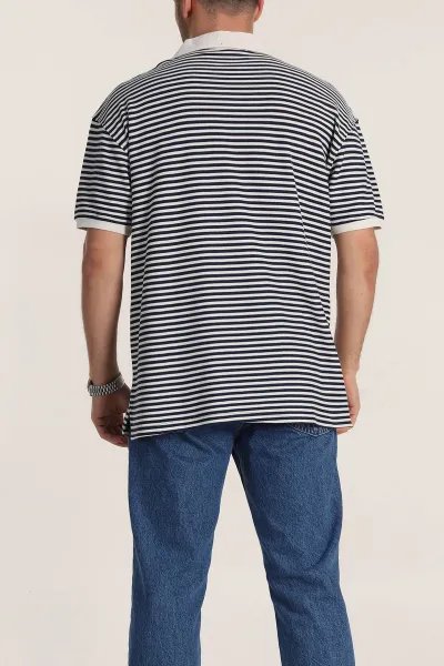 İndigo Çizgili Oversize Örme Polo Yaka Erkek Tişört 349893