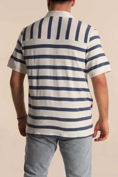 İndigo Çizgili Oversize Polo Yaka Erkek Tişört 272824