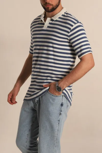 İndigo Çizgili Relaxed Fit Polo Yaka Erkek Triko Tişört 276751