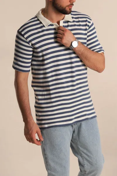 İndigo Çizgili Relaxed Fit Polo Yaka Erkek Triko Tişört 276751