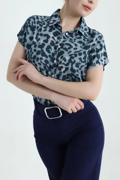 İndigo Desenli Dokuma Kadın Gömlek 435618