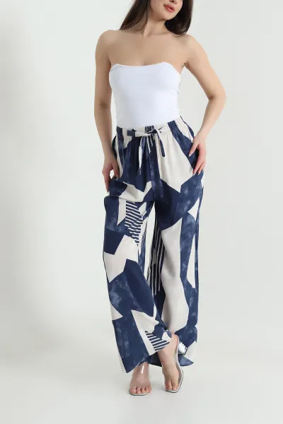 İndigo Desenli Dokuma Kadın Pantolon 456399